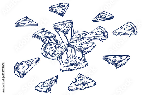 Food engraving hand drawing set of pizza isolated on white background.