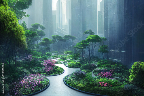 Billede på lærred beautiful green nature garden environment in a futuristic city, digital illustra