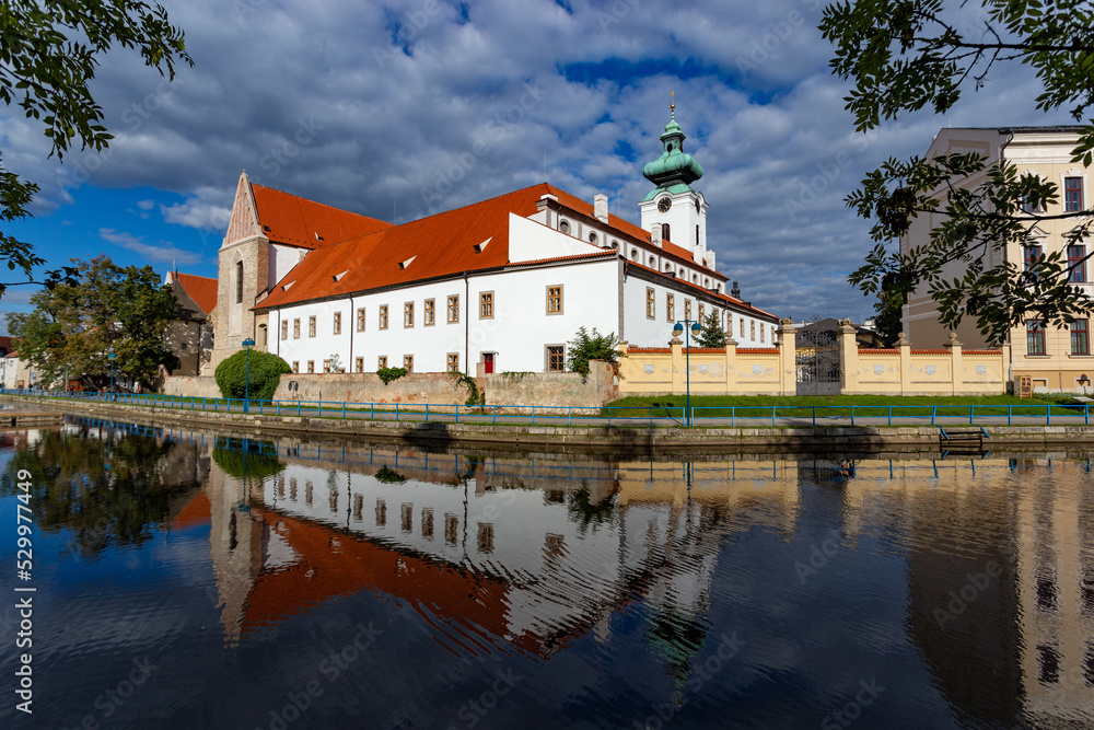Church of Presentation of the Blessed Virgin Mary and Dominican Monastery are famous gothic landmarks of Ceske Budejovice. Czechia.