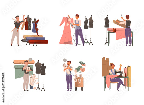 Man Fashion Designer or Tailor with Measuring Tape and Scissors Sewing and Cutting Fabric Vector Set