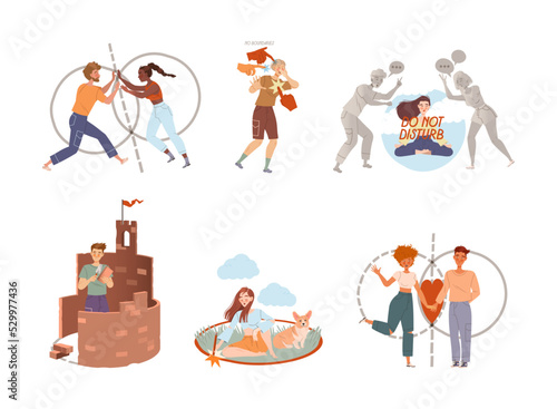 Personal Boundaries with Man and Woman Creating Space and Private Zone Around Themselves Avoiding Social Interaction Vector Set