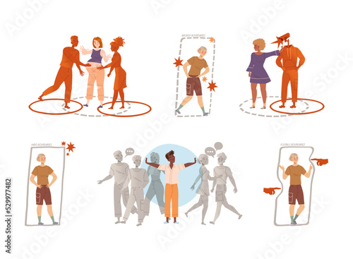 Personal Boundaries with Man and Woman Creating Space and Private Zone Around Themselves Avoiding Social Interaction Vector Set