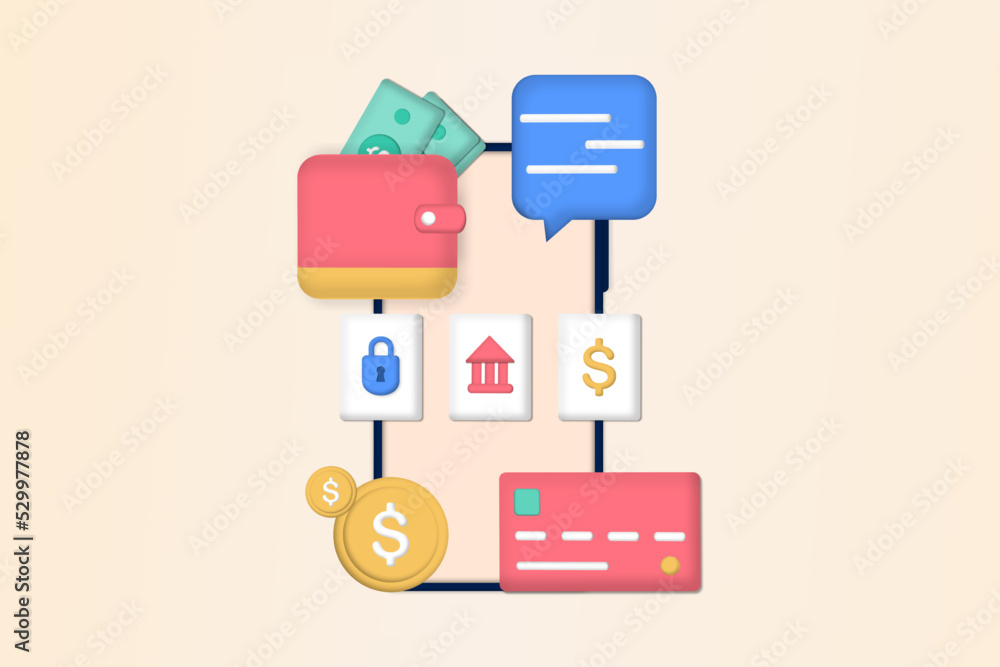 3D bill payment with credit card for online shopping. Concept of payment processing, financial transactions, transfer, bank card, e-wallet for buying process, monetary currencies. Vector illustration. 3D bill payment with credit card for online shopping. Concept of payment processing, financial transactions, transfer, bank card, e-wallet for buying process, monetary currencies. Vector illustration.