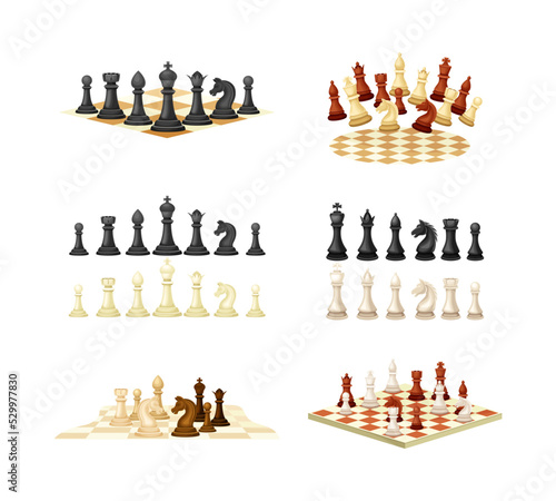 Foto Chess as Strategy Board Game with Chessboard and Chess Pieces Vector Set