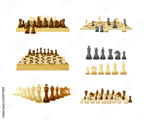 Foto Chess as Strategy Board Game with Chessboard and Chess Pieces Vector Set