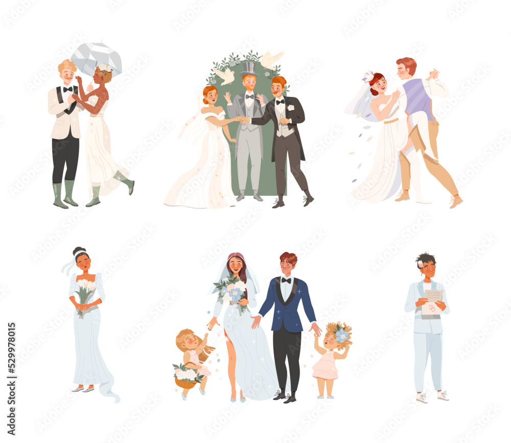 Obraz premium Affectionate Newlyweds Couple as Just Married Male and Female in Wedding Dress and Suit Vector Set