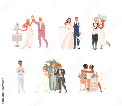 Affectionate Newlyweds Couple as Just Married Male and Female in Wedding Dress and Suit Vector Set