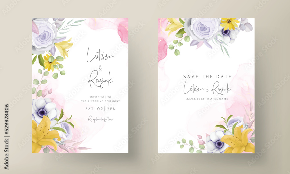 beautiful yellow and gray purple flower wedding invitation card