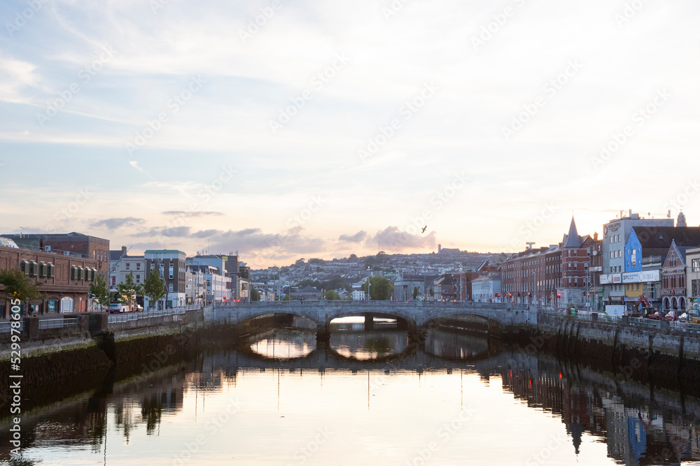 Ireland,Munster, Cork, View ofSaint Patricks Bridge stretching over River Lee canal at sunset Ireland,Munster, Cork, View ofSaint Patricks Bridge stretching over River Lee canal at sunset