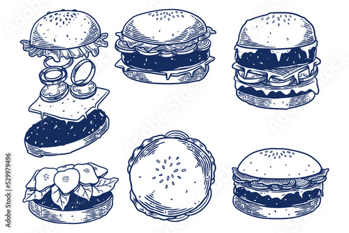 food engraving hand drawing set of hamburger isolated on white background.