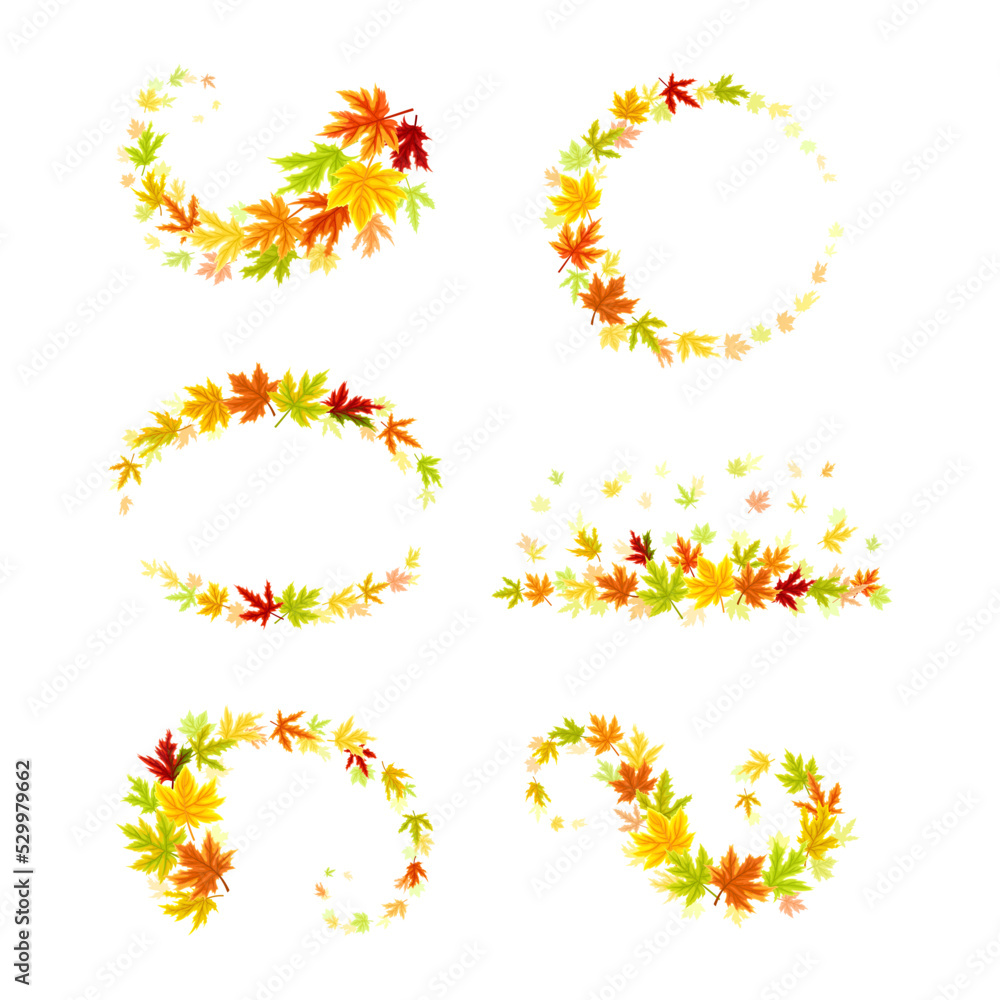 Maple Palmate Leaves of Bright Autumn Colour Arranged in Decorative Swirling Line Vector Set Maple Palmate Leaves of Bright Autumn Colour Arranged in Decorative Swirling Line Vector Set