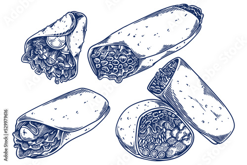 food engraving hand drawing set of kebabs isolated on white background.