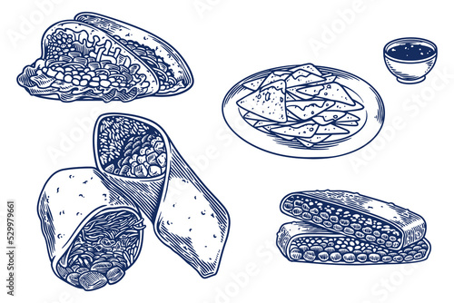 food engraving hand drawing set of mexican food isolated on white background.