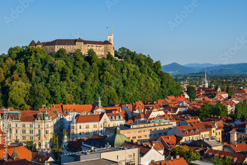 Slovenia, Ljubljana,Ljubljana Castle overlooking old town below photo