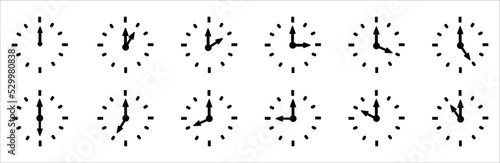 Time and clock icon set. Complete 12 hours pointed clockwise o'clock sharp vector illustration. Set of analog.