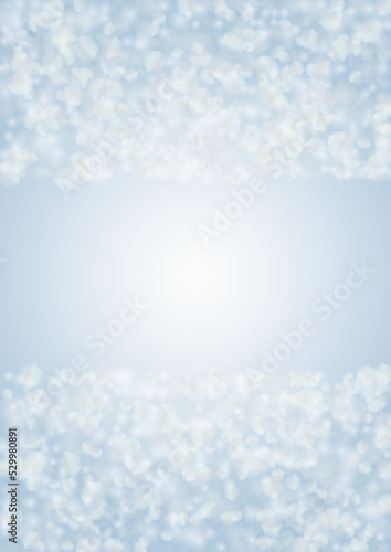 Vector Magical Glowing Background with Silver and Purple Falling Hexagon on Blue. Falling Snow. Glittery Confetti Frame. Christmas and New Year Design. Winter Sky with Bokeh Snowfall.
