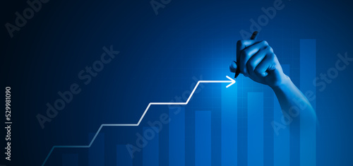 Hand write diagram graph growth step arrow business chart strategy on plan concept background with progress timeline marketing data or creative digital flowchart target and workflow info development.