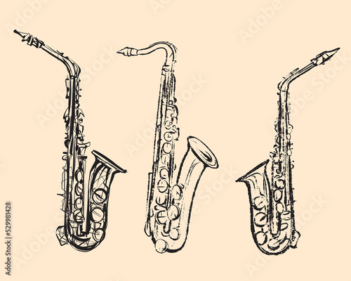 Saxophone . Textured ink brush drawing