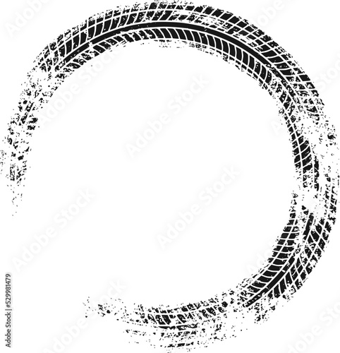 Auto tire tread grunge circle frame. Car and motorcycle tire pattern, wheel tyre tread track. Black tyre round border. Vector illustration isolated on white background.