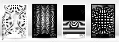 Geometrical Poster Design with Optical Illusion Effect.  Minimal Psychedelic Cover Page Collection. Monochrome Wave Lines Background. Fluid Stripes Art. Swiss Design. Vector Illustration for Placard.