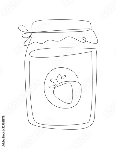 One line jar with a strawberry jam. line art Glass with a homemade marmalade. outline illustration.