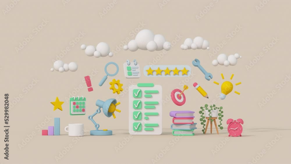 Work and study concept. Cute minimal cartoony design. 3D render animation Work and study concept. Cute minimal cartoony design. 3D render animation