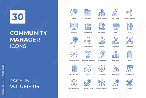 Community Manager icons collection. Set contains such Icons briefcase, Budget Estimate, calendar, collaboration, and more