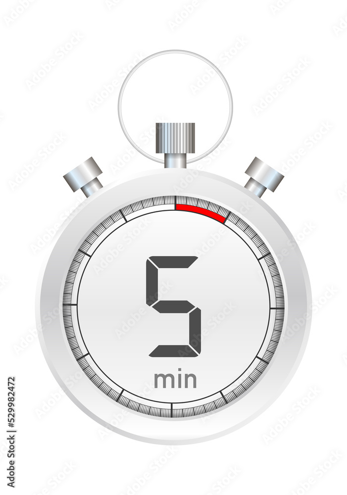 The 5 minutes, stopwatch vector icon. Stopwatch icon in flat style, timer on on color background. Vector stock illustration. The 5 minutes, stopwatch vector icon. Stopwatch icon in flat style, timer on on color background. Vector stock illustration.