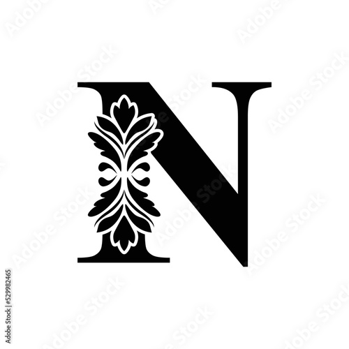 letter N Black flower alphabet. Beautiful capital letters with shadow