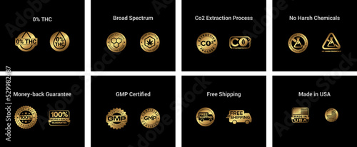 Icons Label products GMP, THC, Broad spectrum, 100% guarantee, free shipping, labs