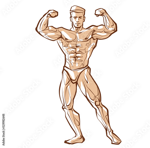 Fitness men posing. Muscular man stands, rippling athlete, sprinter. Vector drawing