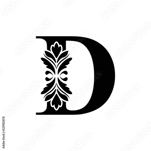 letter D Black flower alphabet. Beautiful capital letters with shadow