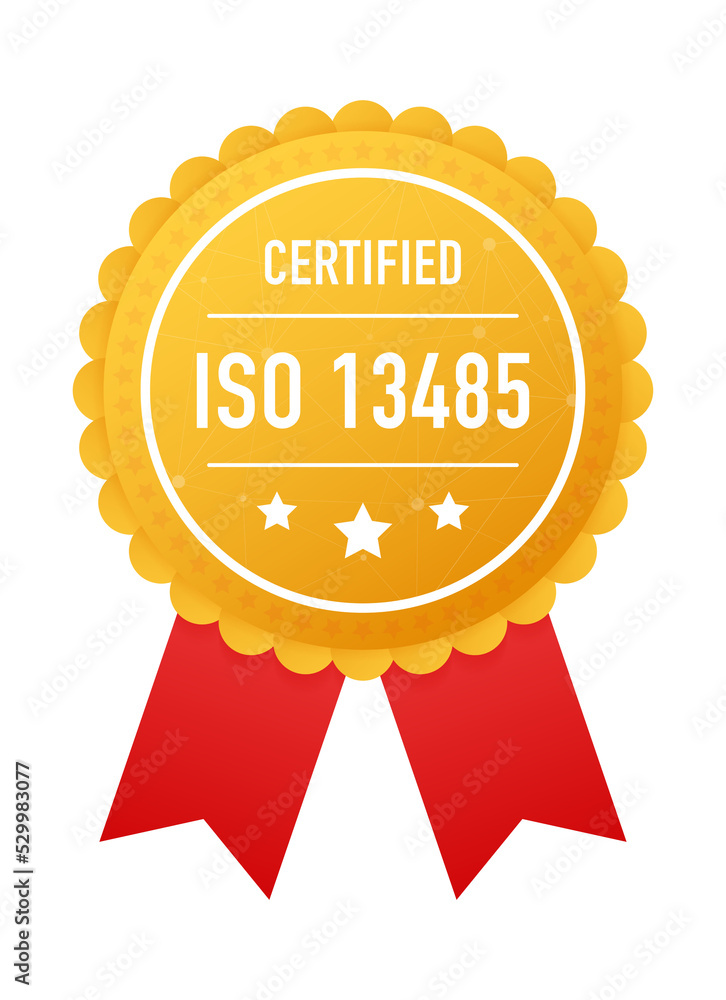 ISO 13485 certified golden label on white background. Vector stock ...