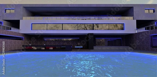 Night in the courtyard of a futuristic building. The arches of the windows are illuminated with blue LED strip. Swimming pool with turquoise water. 3d render.