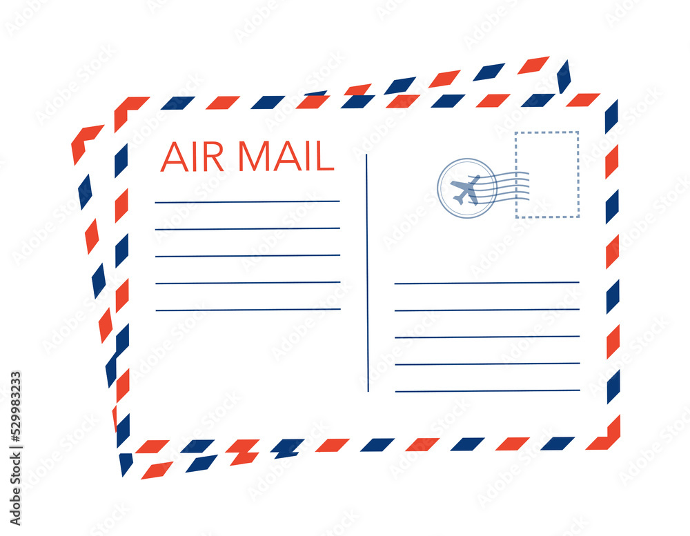 Air mail envelope with postal stamp isolated on white background. Vector stock illustration. Air mail envelope with postal stamp isolated on white background. Vector stock illustration.