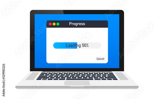 Loading data window with progress bar on laptop screen. Vector stock illustration.