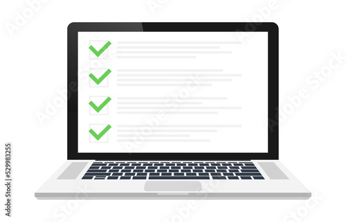 Online survey, checklist, questionnaire icon. Laptop, Computer screen. Feedback business concept. Vector stock illustration.