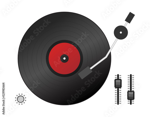 DJ playing vinyl. Top view. DJ Interface workspace mixer console turntables. Vector stock illustration.