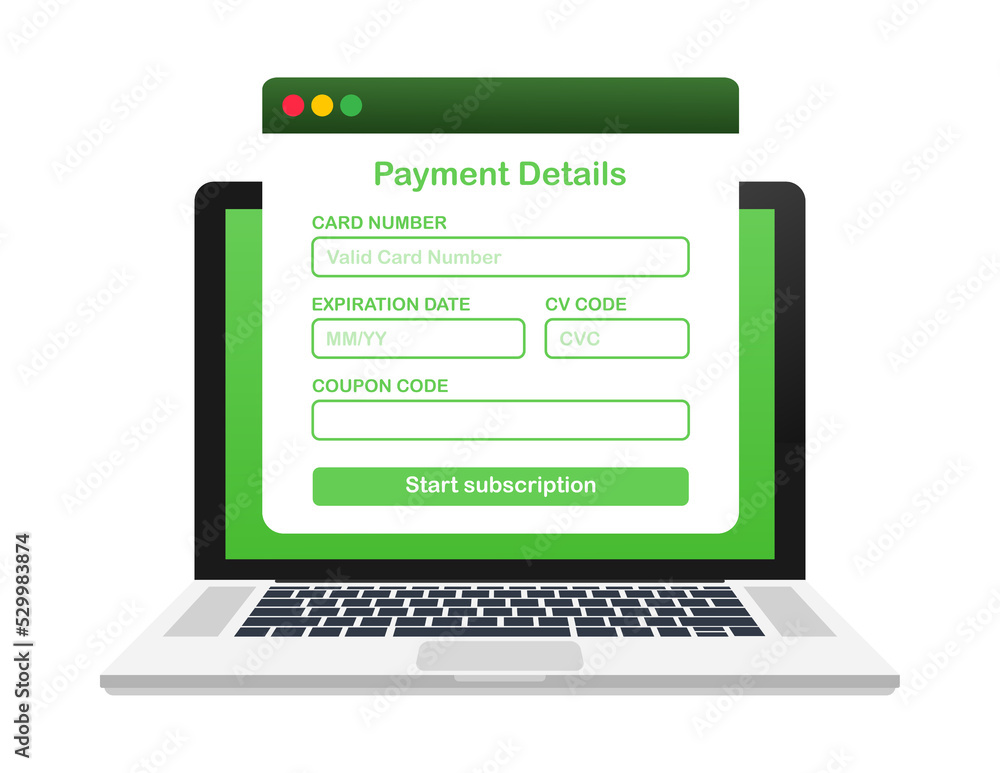 Online payment form. Online digital invoice on laptop. Vector stock illustration. Online payment form. Online digital invoice on laptop. Vector stock illustration.