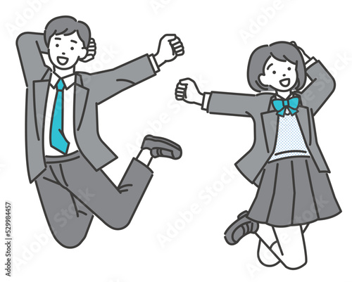 元気いっぱいでジャンプをするブレザー制服の学生のベクターイラスト素材／制服／高校生／中学生／塾／走る／元気