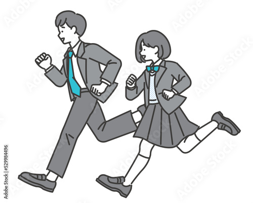 元気いっぱいで走るブレザー制服の学生のベクターイラスト素材／制服／高校生／中学生／塾／走る／元気