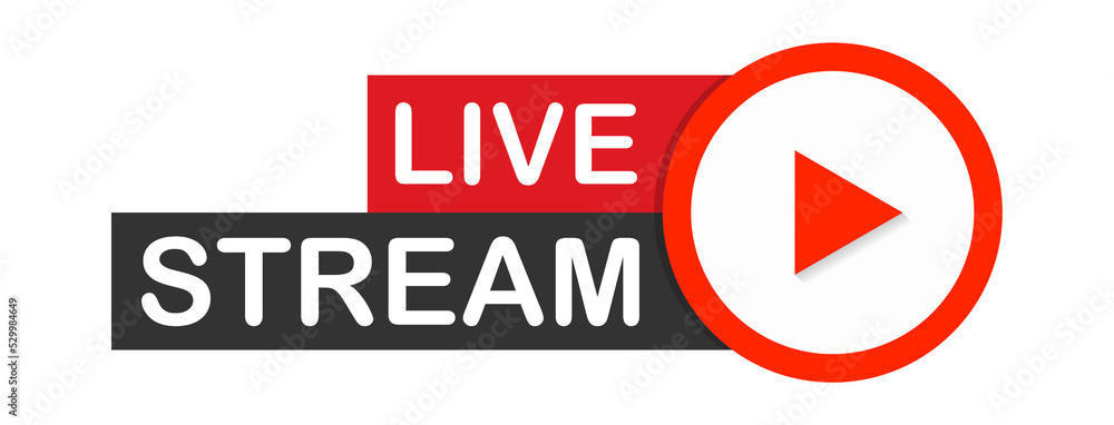 Live stream flat logo - red vector design element with play button. Vector stock illustration Live stream flat logo - red vector design element with play button. Vector stock illustration