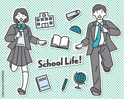学生生活を駆け抜けるブレザー制服の学生のベクターイラスト素材／制服／高校生／中学生／塾／走る／元気