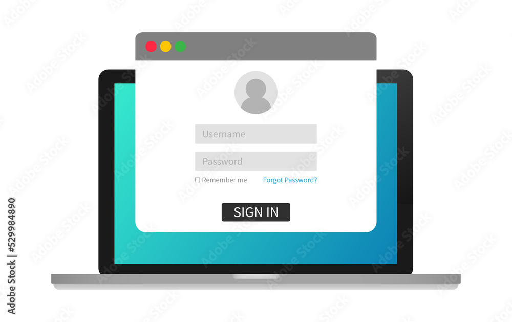 Login page on laptop screen. Notebook and online login form, sign in page. User profile, access to account concepts. Vector stock illustration.