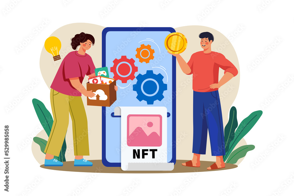 NFT minting process Illustration concept on white background