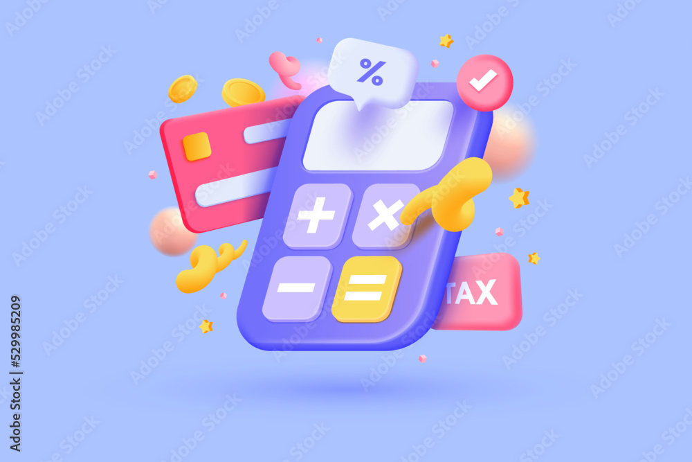 3d calculator render concept of financial management. 3d calculating financial risk planning, calculator with money coins and banknote. 3d tax finance on purple background. 3d Vector illustration - obrazy, fototapety, plakaty 