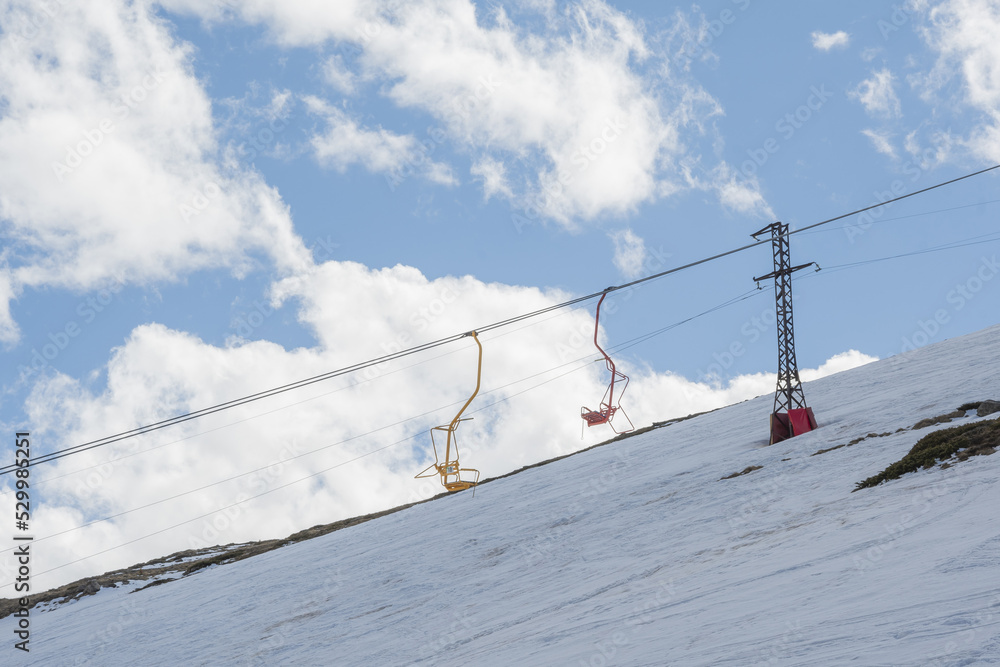 Cable car against the backdrop of the snow-capped Caucasus mountains, glacier seven