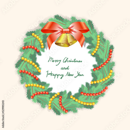 Single Christmas wreath on light background with bells and bows, strings of beads