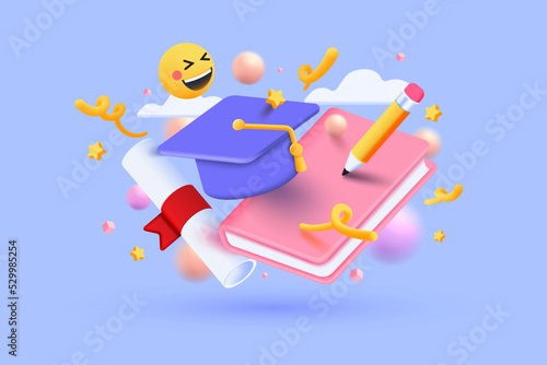 Minimal background for online education concept. Book with graduation hat on pastel purple background. 3d vector illustration