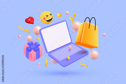 3D Online shopping, floating laptop, giftbox, shopping bag and elements. Secure online shopping concept.  3d vector render illustration